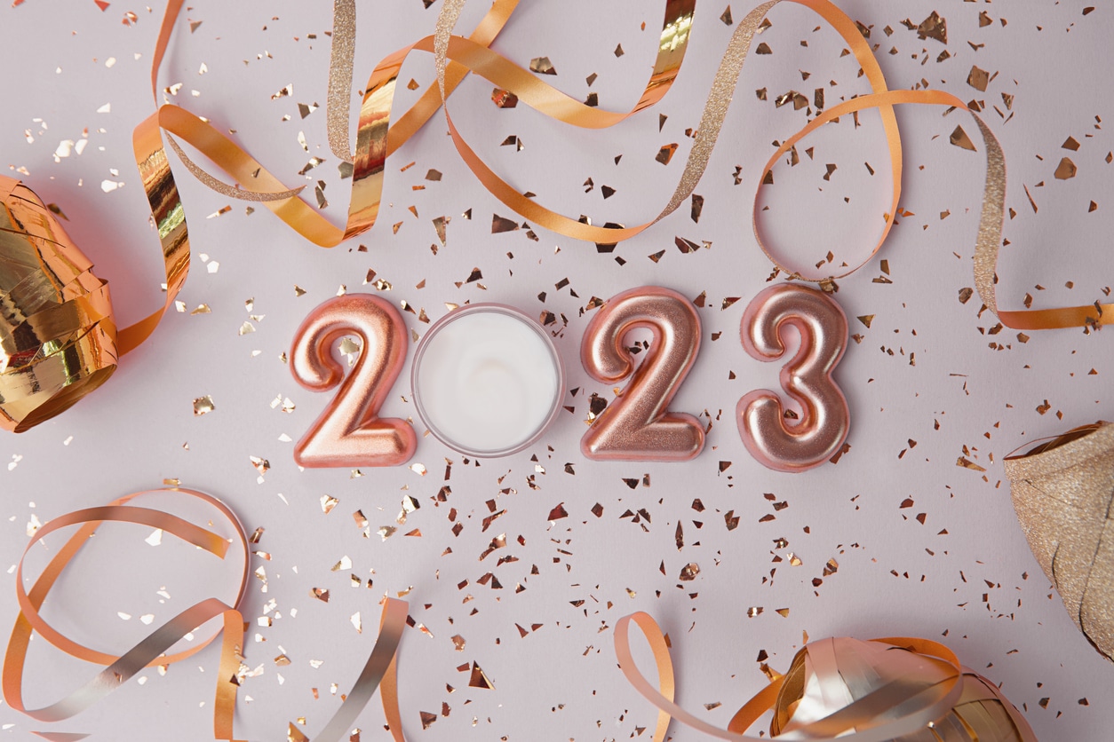 Rose Gold Numbers 2023 With Golden Confetti And Ribbon
